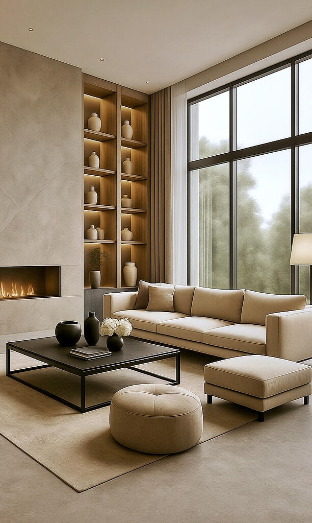 Render di un soggiorno elegante e su misura, progettato con materiali naturali e colori neutri, stile Quiet Luxury.